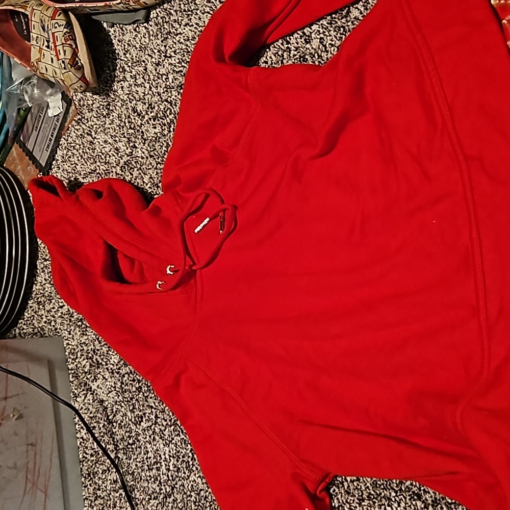Tommy Hilfiger. Red hoodie. Women's S. Has red, gold plad on bottom and sleeves